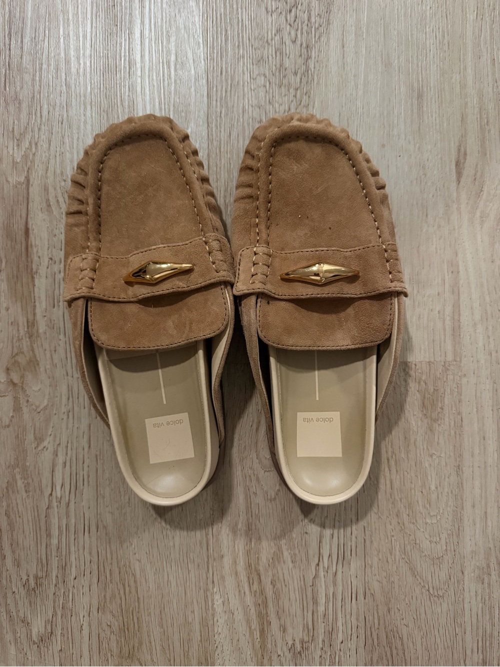 Dolce Vita Camel Suede Mule Loafers with Gold Accent